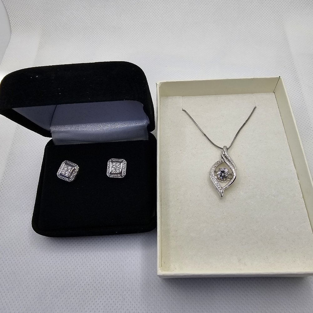 Kay Jewelers Floating Sapphire Necklace & Diamond Earrings Sterling Silver!